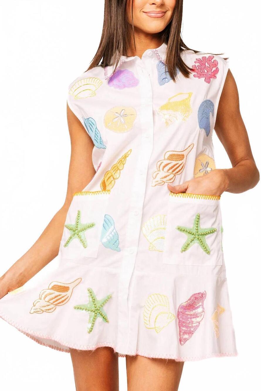 NEW QUEEN OF SPARKLES shell cotton button up tank dress in white multi
